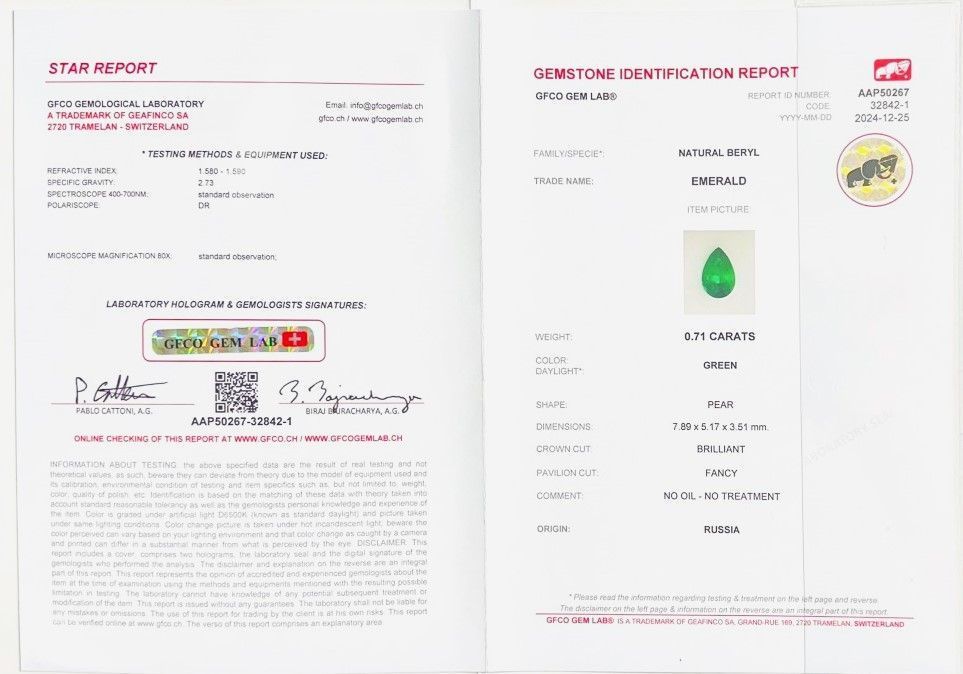 Изумруд ЭКСКЛЮЗИВ Сертификат NO OIL 0,71 карат груша