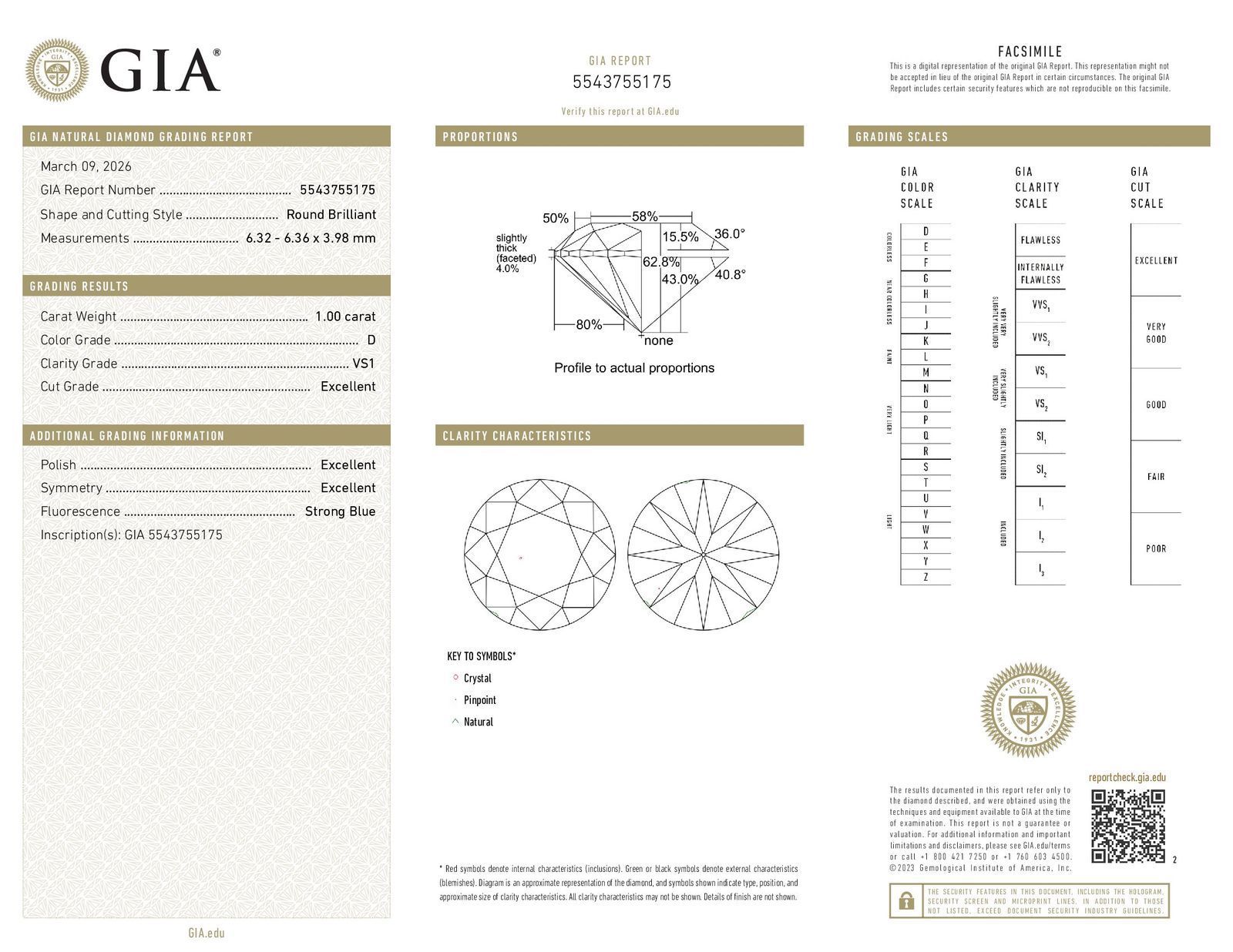 Бриллиант круг 1 карат D/VS1/EX GIA сертификат