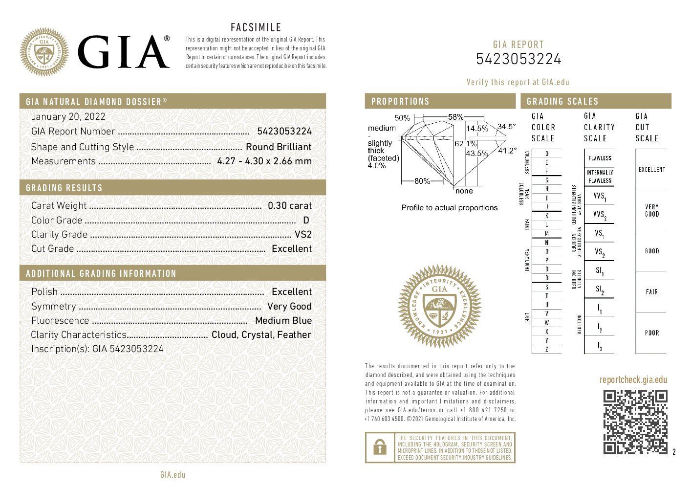 Діамант круг 0,3 карата 4,3 мм D/VS2 GIA сертифікат