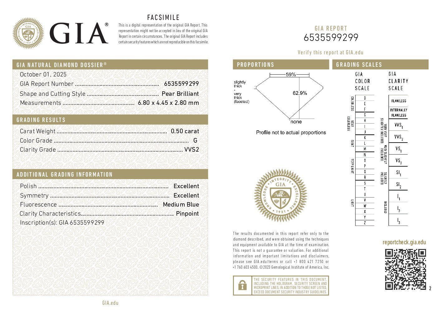 Бриллиант 0,5 карат груша G/VVS2 сертификат GIA