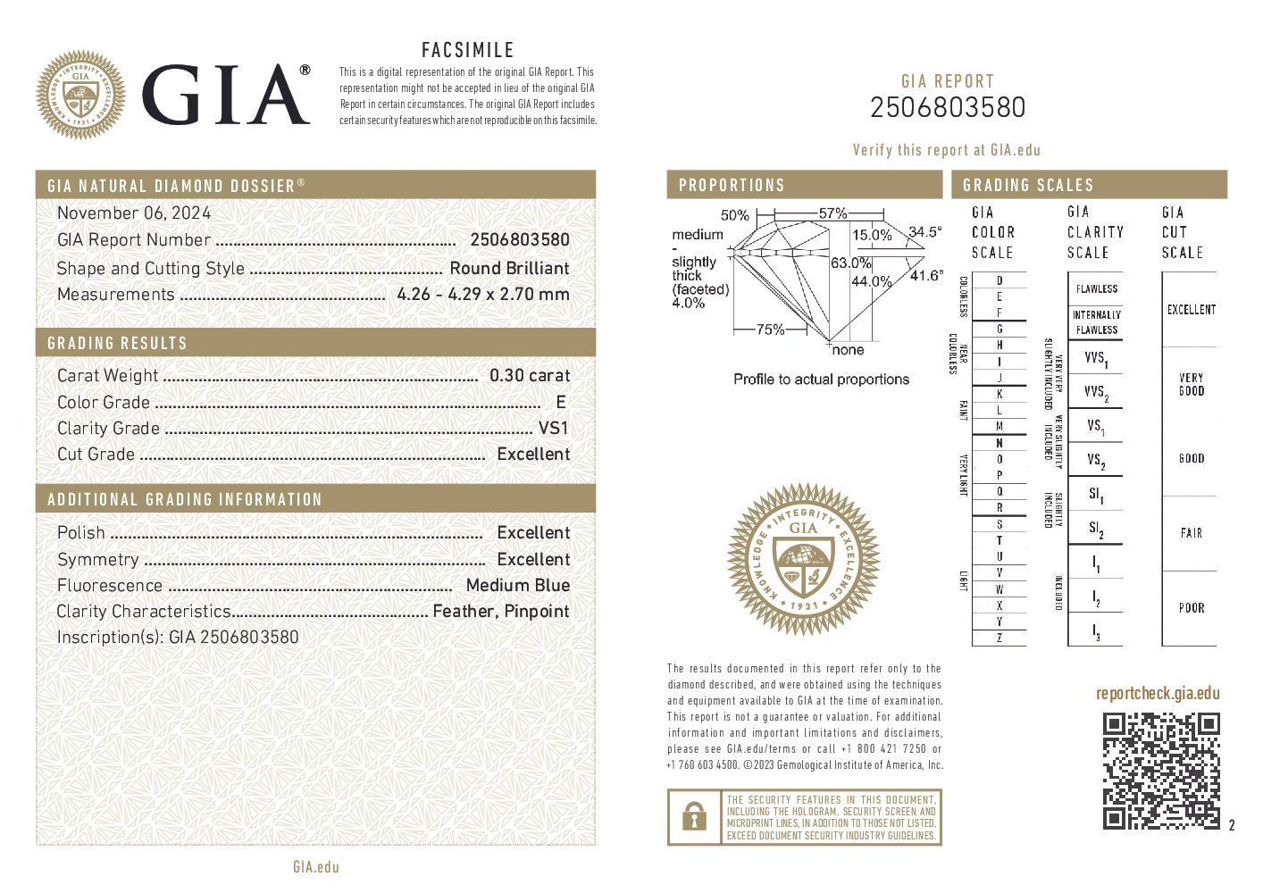 Діамант круг 0,3 карата Е/VS1 4,3 мм GIA сертифікат