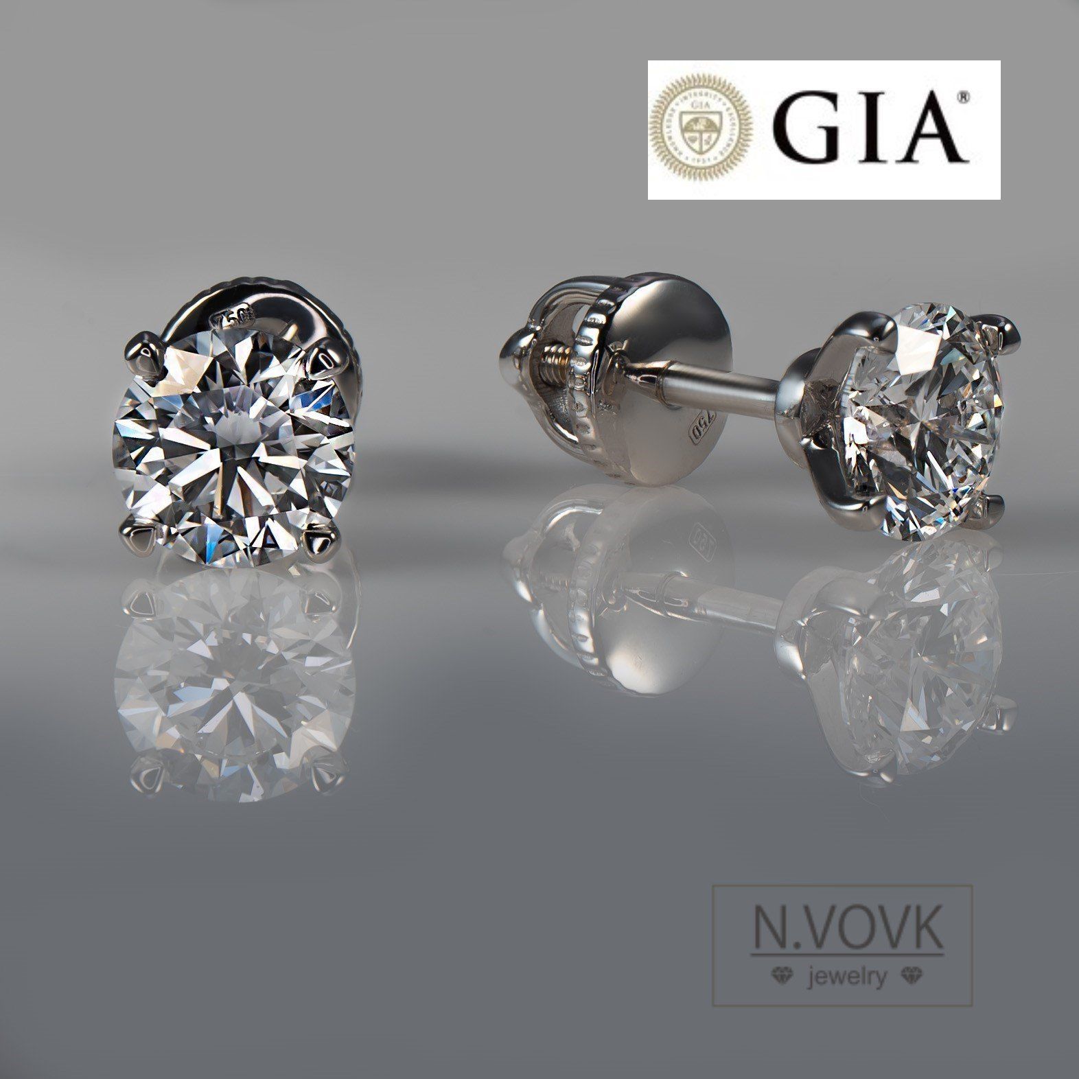 Пусеты с бриллиантами GIA по 1 карату H/VS1 750 золото