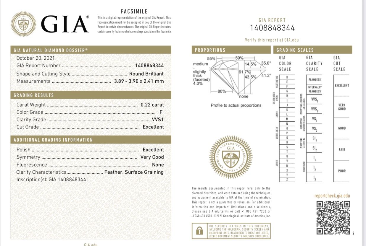 Діамант круг 0,22 карата 3,9 мм F/VVS1 GIA сертифікат