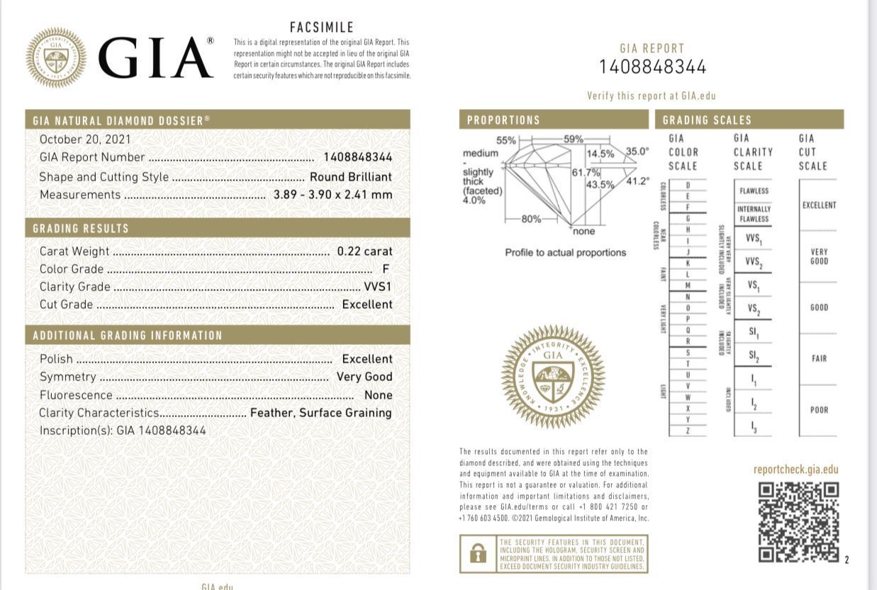 Діамант круг 0,22 карата 3,9 мм F/VVS1 GIA сертифікат